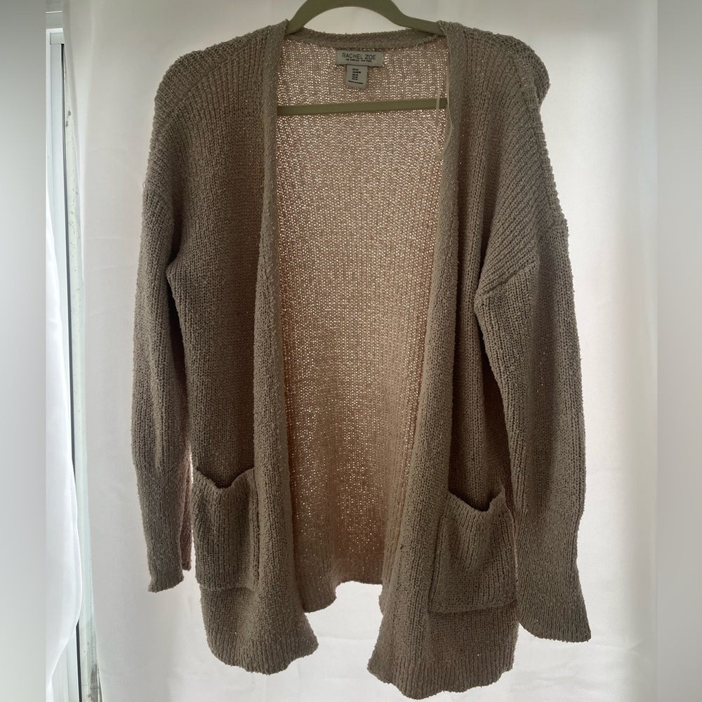 Rachel Zoe Taupe Open-Front Pocket Cardigan Sweater